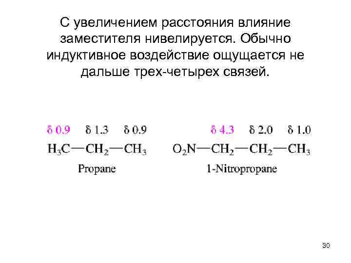 С увеличением расстояния влияние заместителя нивелируется. Обычно индуктивное воздействие ощущается не дальше трех-четырех связей.