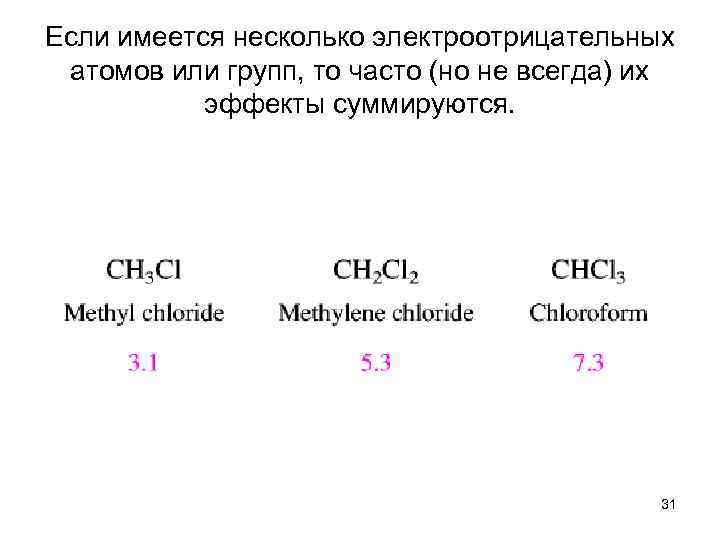 Если имеется несколько электроотрицательных атомов или групп, то часто (но не всегда) их эффекты