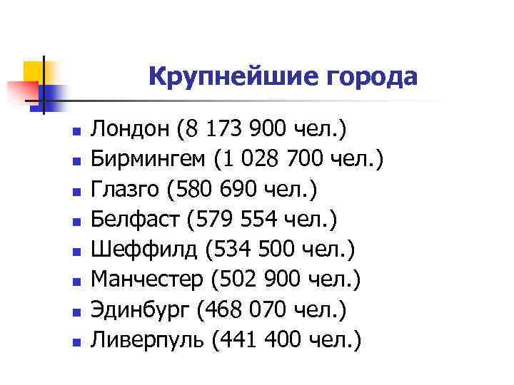 Крупнейшие города n n n n Лондон (8 173 900 чел. ) Бирмингем (1