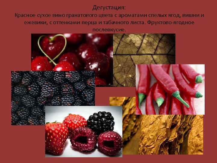 Дегустация: Красное сухое вино гранатового цвета с ароматами спелых ягод, вишни и ежевики, с