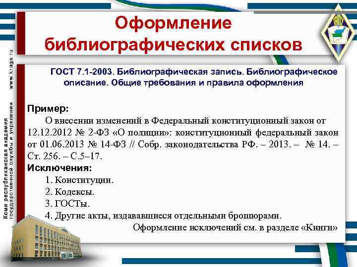 Оформление библиографических списков ГОСТ 7. 1 -2003. Библиографическая запись. Библиографическое описание. Общие требования и