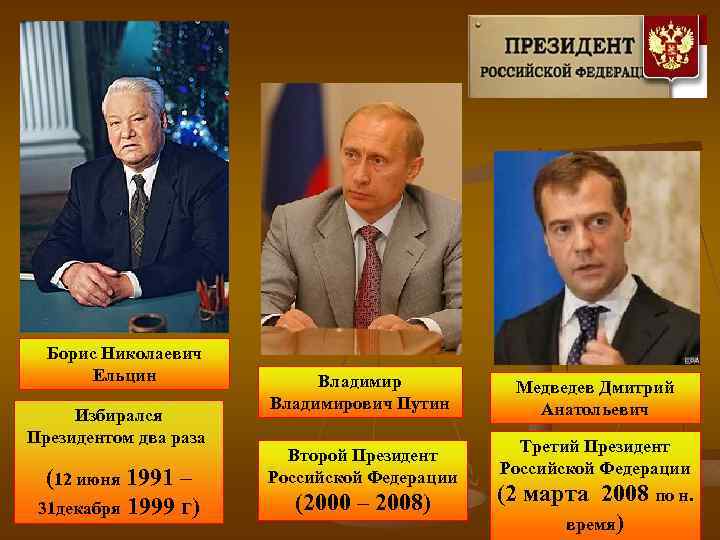 Борис Николаевич Ельцин Избирался Президентом два раза (12 июня 1991 – 31 декабря 1999