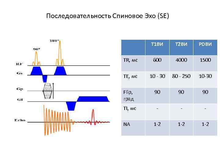 Последовательность Спиновое Эхо (SE) T 1 ВИ Т 2 ВИ PDВИ TR, мс 600