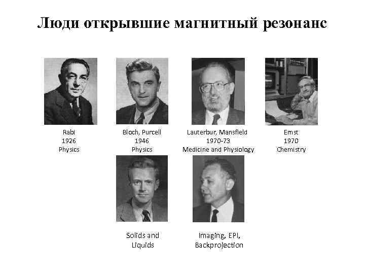 Люди открывшие магнитный резонанс Rabi 1926 Physics Bloch, Purcell 1946 Physics Lauterbur, Mansfield 1970