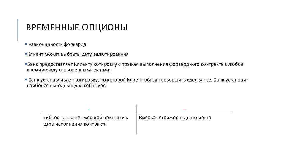 ВРЕМЕННЫЕ ОПЦИОНЫ § Разновидность форварда §Клиент может выбрать дату валютирования §Банк предоставляет Клиенту котировку