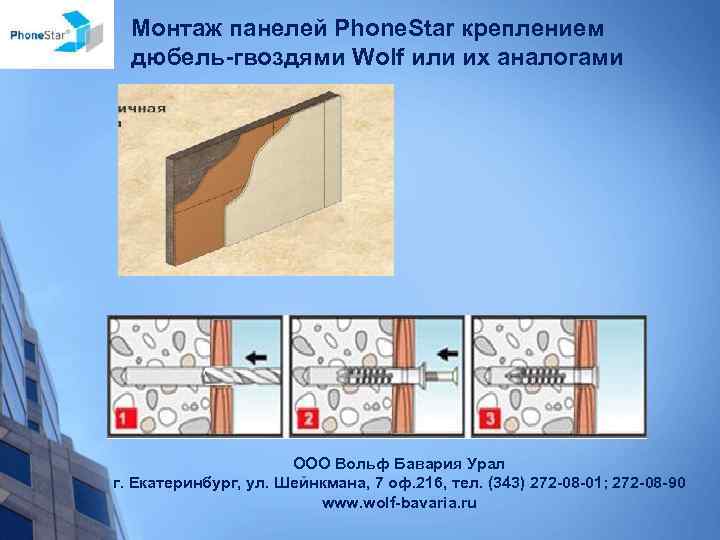 Монтаж панелей Phone. Star креплением дюбель-гвоздями Wolf или их аналогами ООО Вольф Бавария Урал