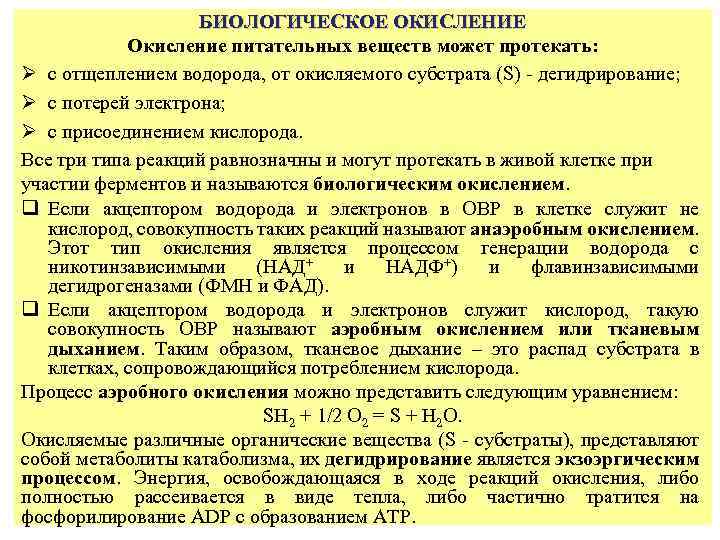 БИОЛОГИЧЕСКОЕ ОКИСЛЕНИЕ Окисление питательных веществ может протекать: Ø с отщеплением водорода, от окисляемого субстрата