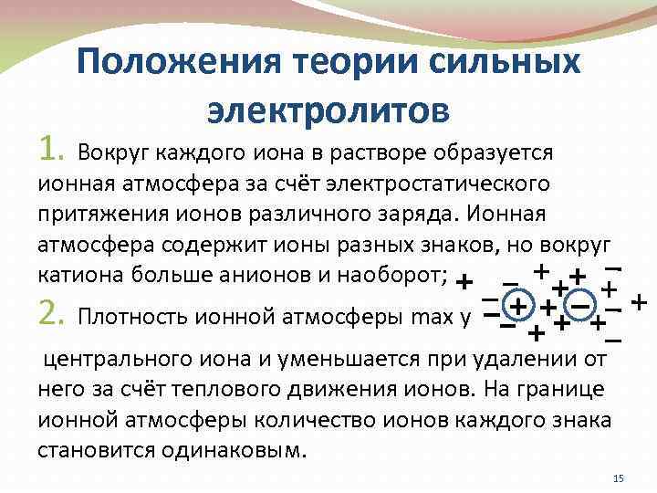 Ионы в растворе электролита. Теория растворов сильных электролитов Дебая-Хюккеля. Электростатическая теория сильных электролитов. Основы электростатической теории сильных электролитов. Ионные атмосферы сильных электролитов.