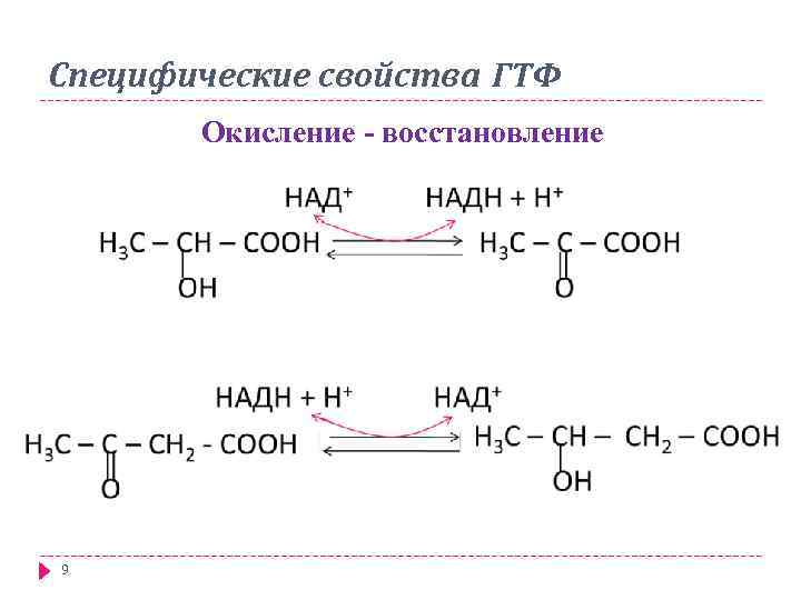 Специфические свойства ГТФ Окисление - восстановление 9 