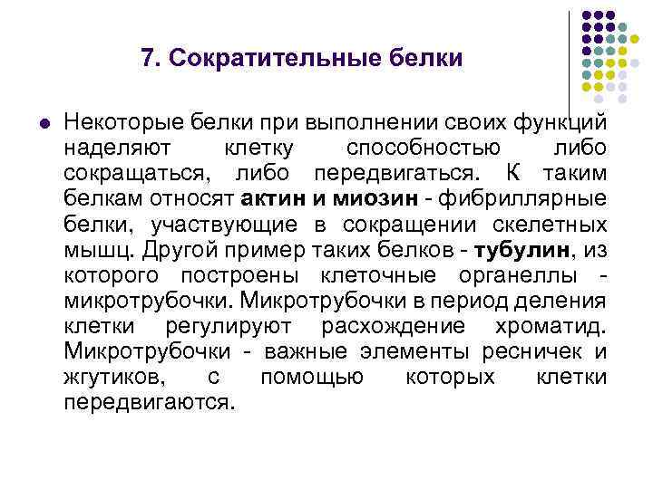 7. Сократительные белки l Некоторые белки при выполнении своих функций наделяют клетку способностью либо