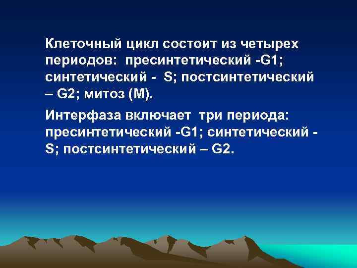 Клеточный цикл состоит из четырех периодов: пресинтетический -G 1; синтетический - S; постсинтетический –