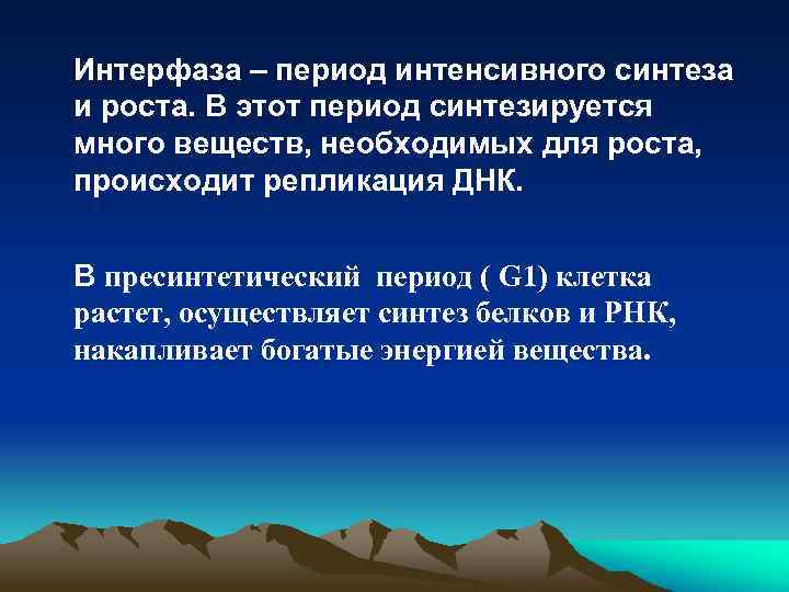 Интерфаза – период интенсивного синтеза и роста. В этот период синтезируется много веществ, необходимых