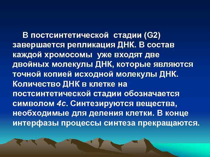 В постсинтетической стадии (G 2) завершается репликация ДНК. В состав каждой хромосомы уже входят