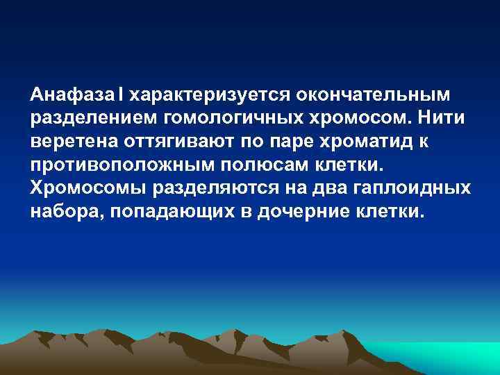 Анафаза I характеризуется окончательным разделением гомологичных хромосом. Нити веретена оттягивают по паре хроматид к