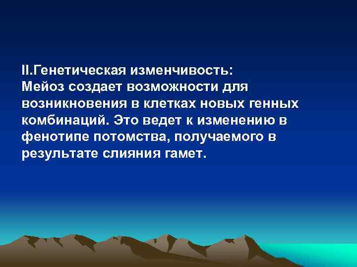 II. Генетическая изменчивость: Мейоз создает возможности для возникновения в клетках новых генных комбинаций. Это