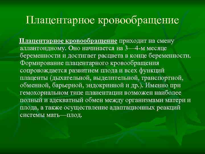 Плацентарное кровообращение приходит на смену аллантоидному. Оно начинается на 3— 4 -м месяце беременности