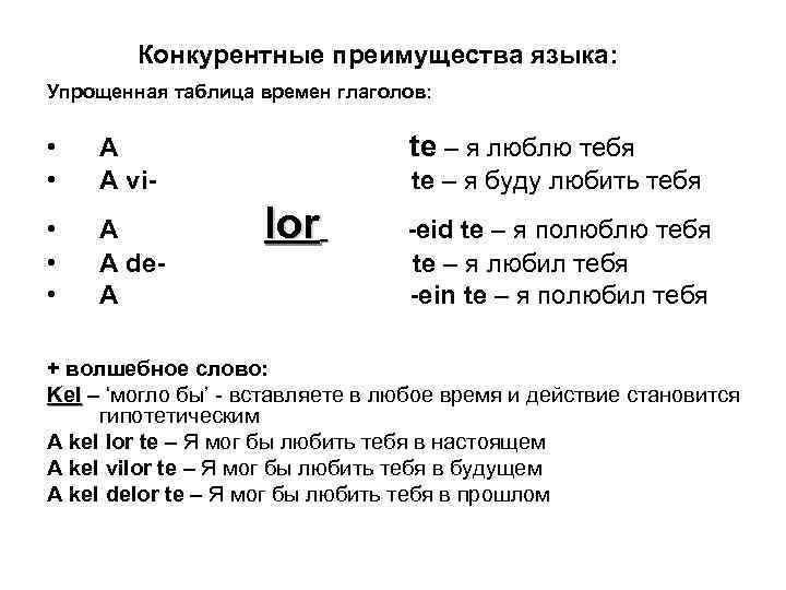 Конкурентные преимущества языка: Упрощенная таблица времен глаголов: • • • A A de. A