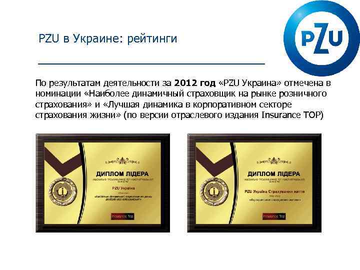 PZU в Украине: рейтинги По результатам деятельности за 2012 год «PZU Украина» отмечена в