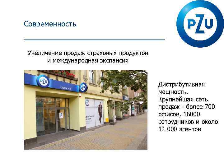 Современность Увеличение продаж страховых продуктов и международная экспансия Дистрибутивная мощность. Крупнейшая сеть продаж -