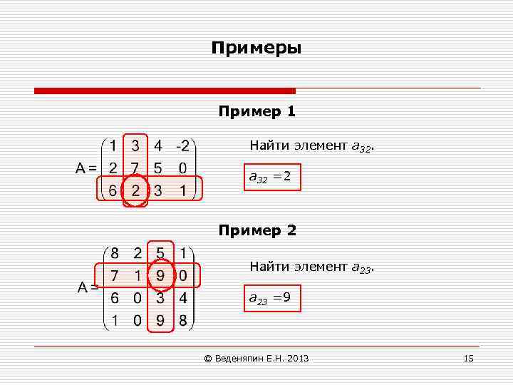 Примеры Пример 1 Найти элемент а 32 =2 Пример 2 Найти элемент а 23