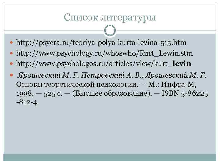 Список литературы http: //psyera. ru/teoriya-polya-kurta-levina-515. htm http: //www. psychology. ru/whoswho/Kurt_Lewin. stm http: //www. psychologos.