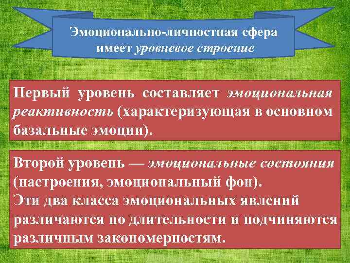 Эмоционально-личностная сфера имеет уровневое строение Первый уровень составляет эмоциональная реактивность (характеризующая в основном базальные