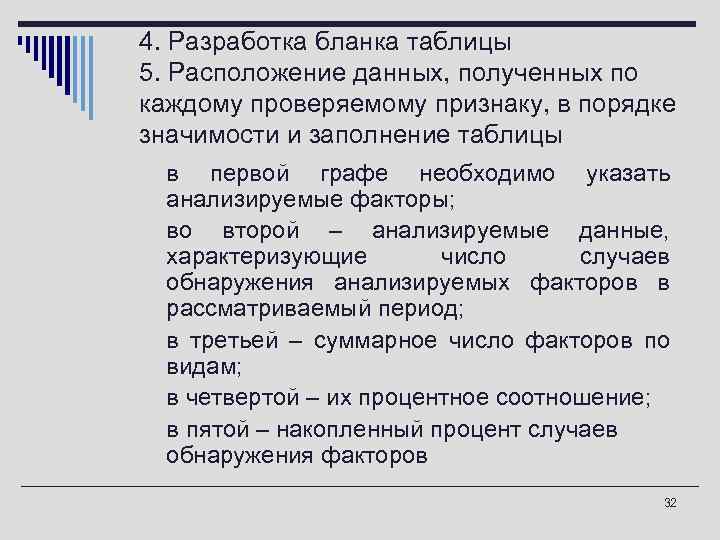 4. Разработка бланка таблицы 5. Расположение данных, полученных по каждому проверяемому признаку, в порядке