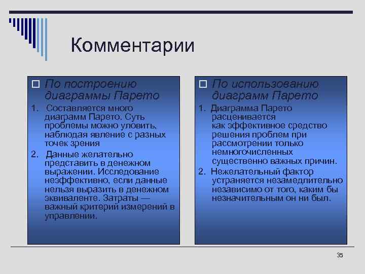 Комментарии o По построению o По использованию 1. Составляется много диаграмм Парето. Суть проблемы