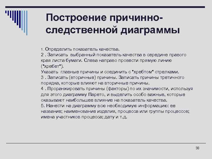 Построение причинноследственной диаграммы 1. Определить показатель качества. 2. Записать выбранный показатель качества в середине