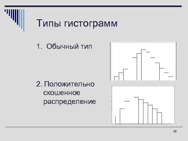 Типы гистограмм 1. Обычный тип 2. Положительно скошенное распределение 56 