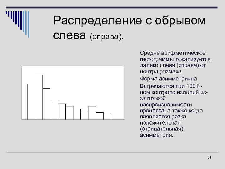 Распределение с обрывом слева (справа). o Средне арифметическое гистограммы локализуется далеко слева (справа) от