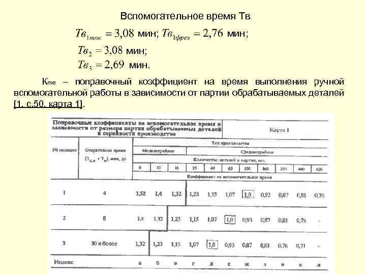 Вспомогательное время Тв мин; мин. Ктв – поправочный коэффициент на время выполнения ручной вспомогательной