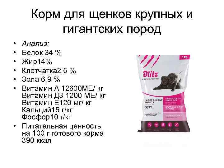 Корм для щенков крупных и гигантских пород • • • Анализ: Белок 34 %