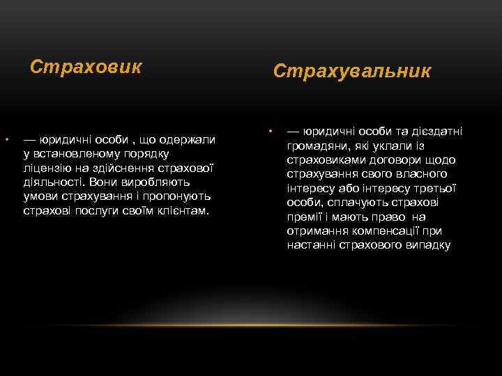 Страховик • — юридичні особи , що одержали у встановленому порядку ліцензію на здійснення