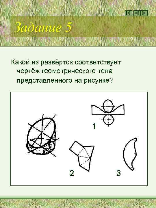 Задание 5 Какой из развёрток соответствует чертёж геометрического тела представленного на рисунке? 1 2