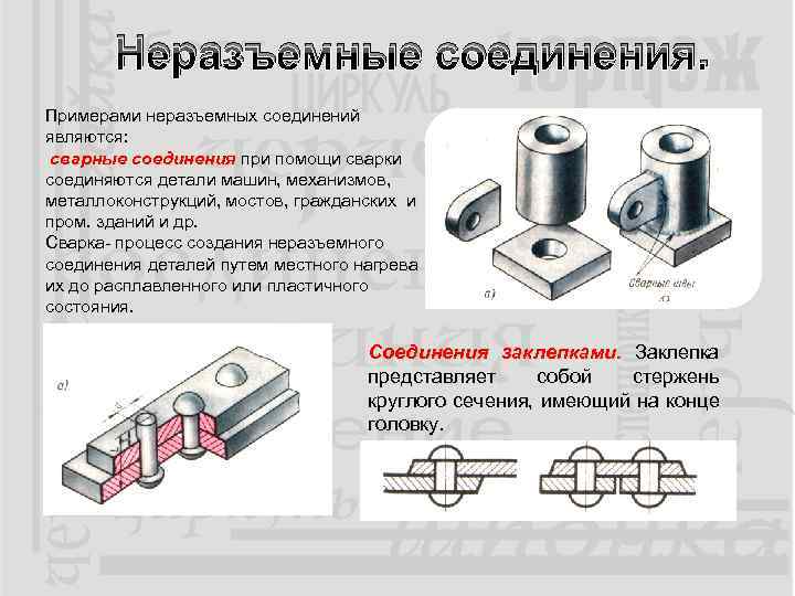 Неразъемные соединения. Примерами неразъемных соединений являются: сварные соединения при помощи сварки соединяются детали машин,