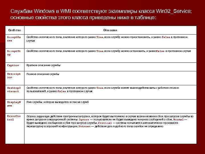 Службам Windows в WMI соответствуют экземпляры класса Win 32_Service; основные свойства этого класса приведены