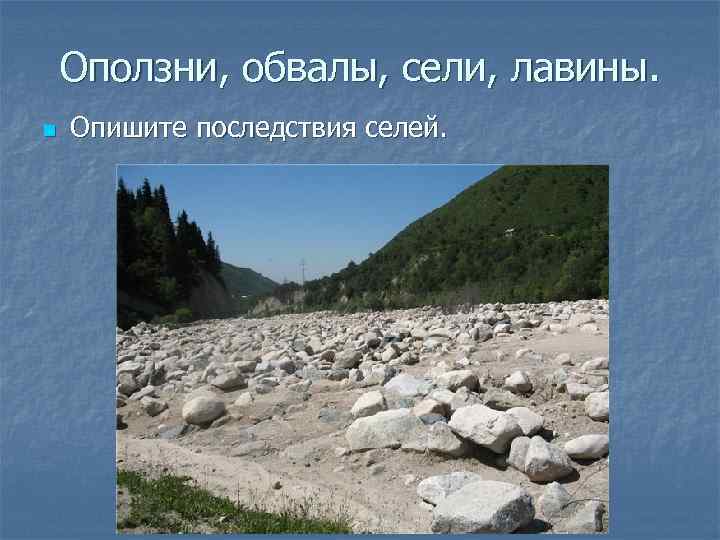 Оползни, обвалы, сели, лавины. n Опишите последствия селей. 