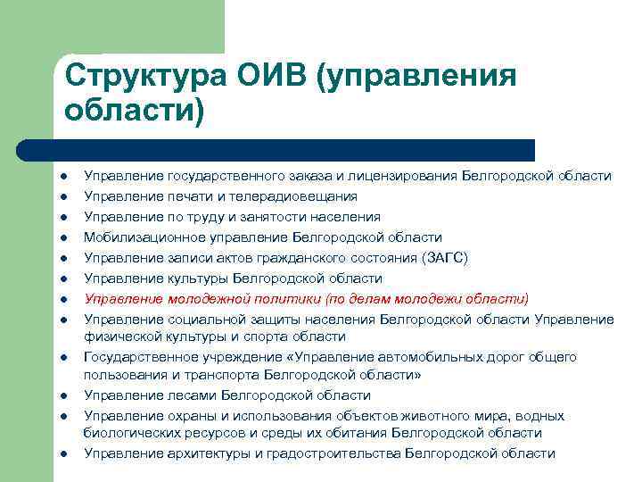 Структура ОИВ (управления области) l l l Управление государственного заказа и лицензирования Белгородской области