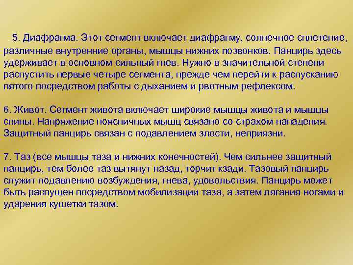 . 5. Диафрагма. Этот сегмент включает диафрагму, солнечное сплетение, различные внутренние органы, мышцы нижних