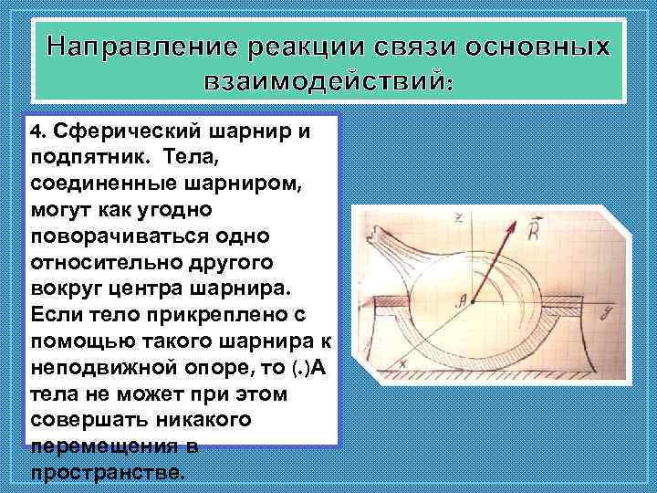 Направление реакции связи основных взаимодействий: 4. Сферический шарнир и подпятник. Тела, соединенные шарниром, могут