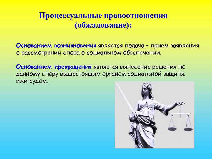 Процессуальные правоотношения (обжалование): Основанием возникновения является подача – прием заявления о рассмотрении спора о