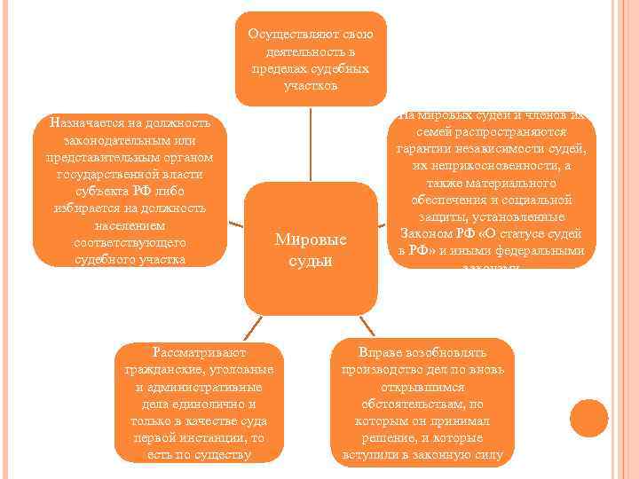 Осуществляют свою деятельность в пределах судебных участков Назначается на должность законодательным или представительным органом