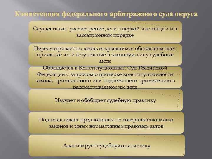 Компетенция федерального арбитражного суда округа Осуществляет рассмотрение дела в первой инстанции и в кассационном
