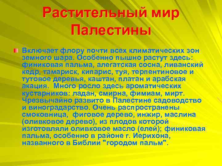 Растительный мир Палестины Включает флору почти всех климатических зон земного шара. Особенно пышно растут
