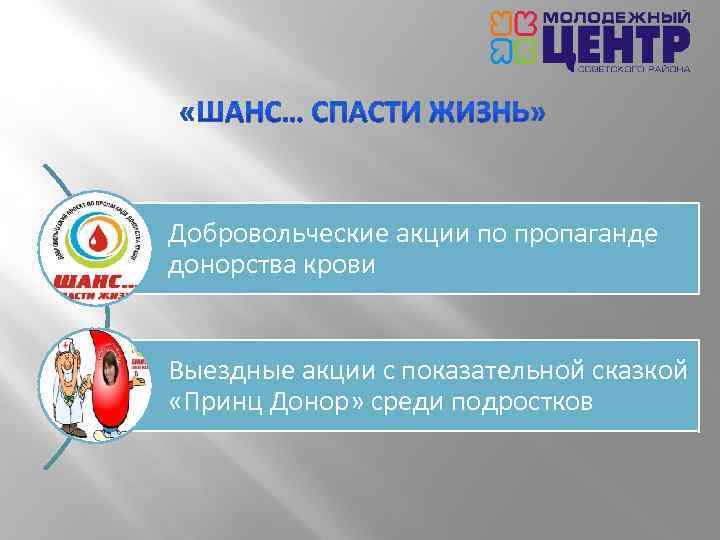 Добровольческие акции по пропаганде донорства крови Выездные акции с показательной сказкой «Принц Донор» среди