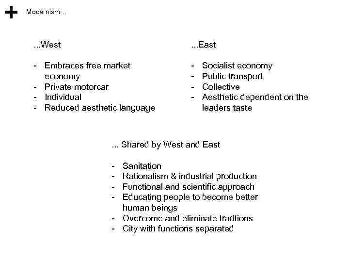 Modernism… . . . West . . . East - Embraces free market economy