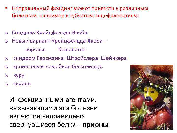  • Неправильный фолдинг может привести к различным болезням, например к губчатым энцефалопатиям: ь