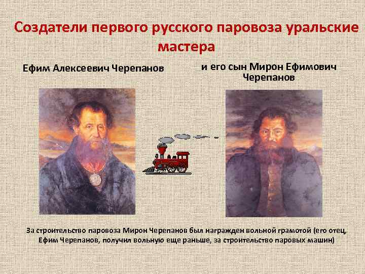 Создатели первого русского паровоза уральские мастера Ефим Алексеевич Черепанов и его сын Мирон Ефимович