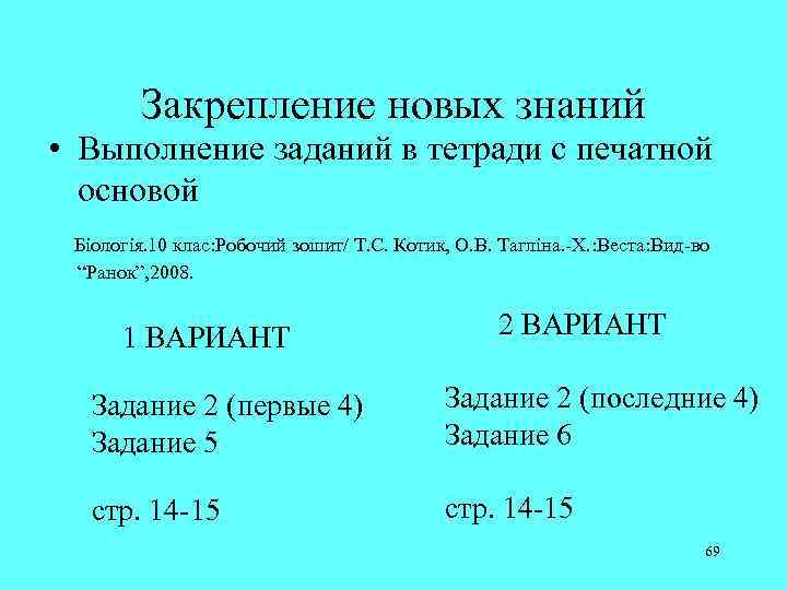 Закрепление новых знаний • Выполнение заданий в тетради с печатной основой Біологія. 10 клас: